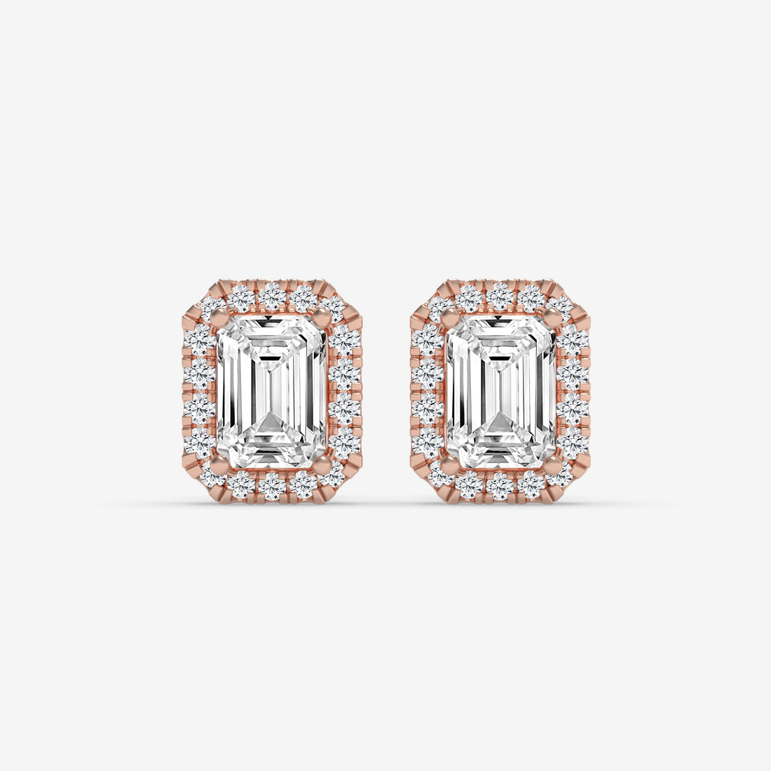 Rose Gold Emerald-Cut Diamond Halo Earrings