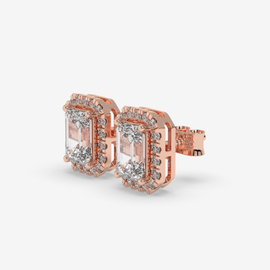 Rose Gold Emerald-Cut Diamond Halo Earrings