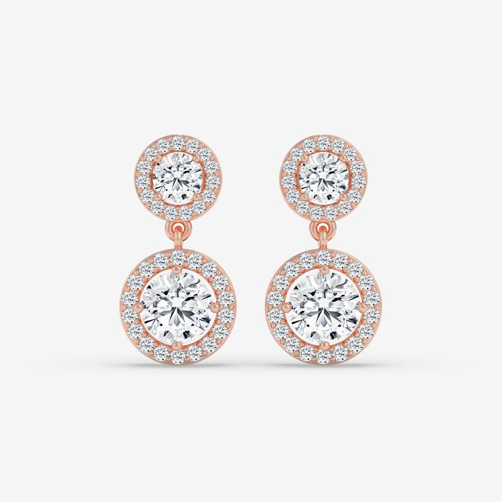 Double-Drop Diamond Halo Earrings in Rose Gold