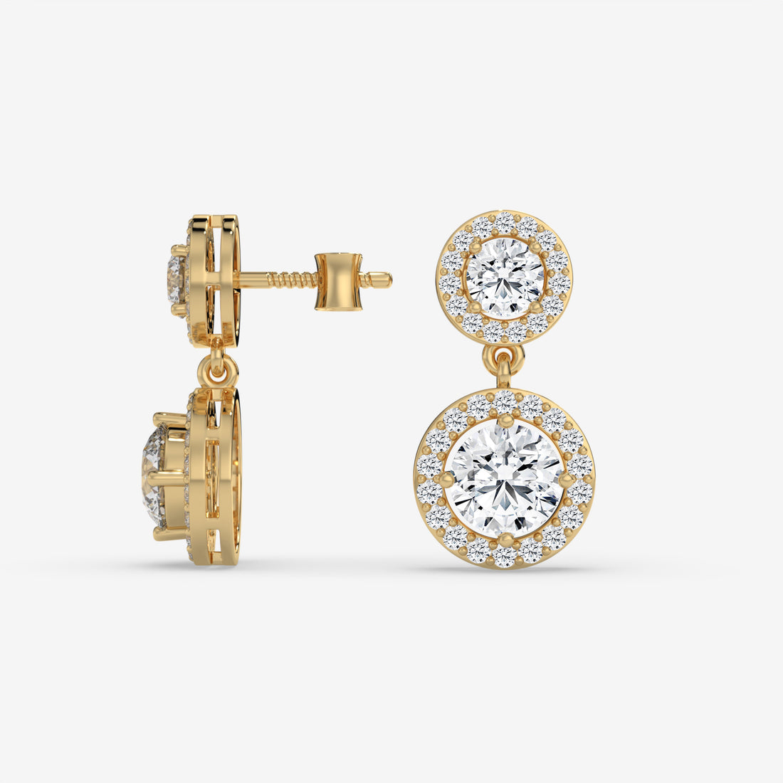 Double-Drop Diamond Halo Earrings in Yellow Gold