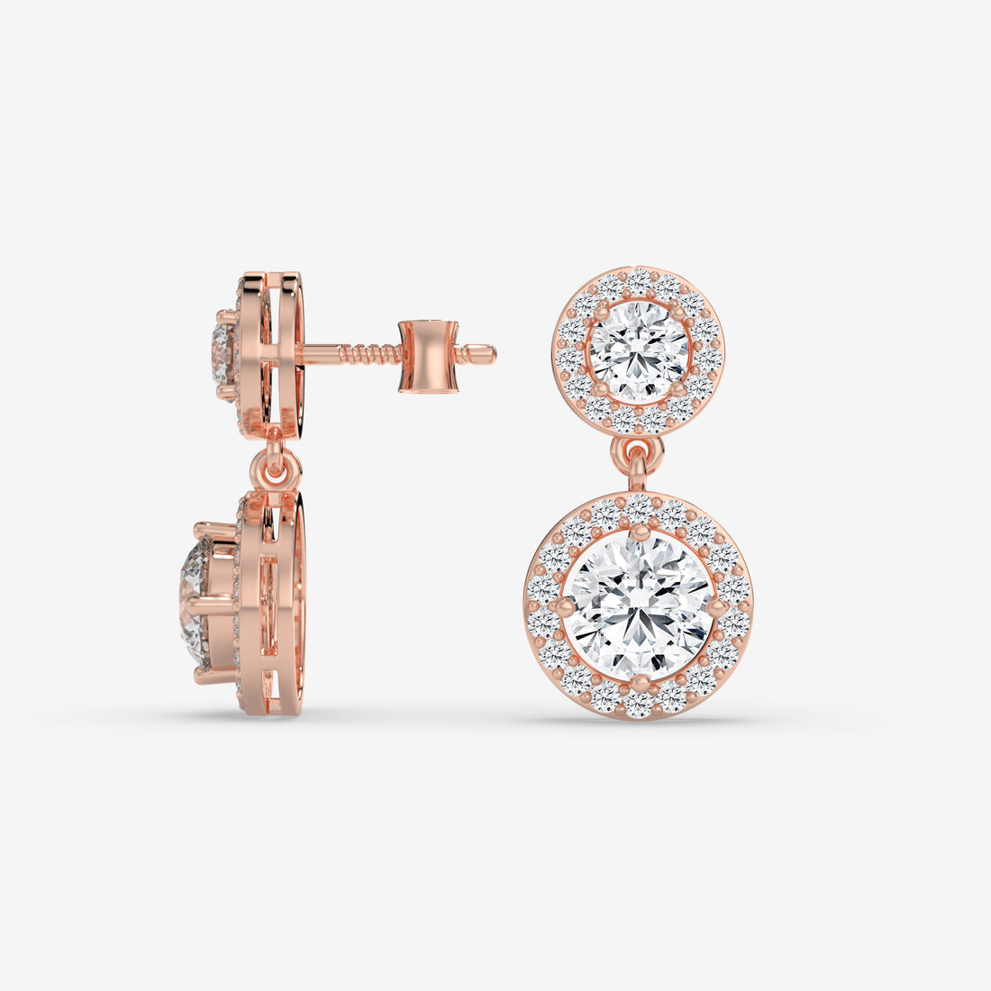 Double-Drop Diamond Halo Earrings in Rose Gold