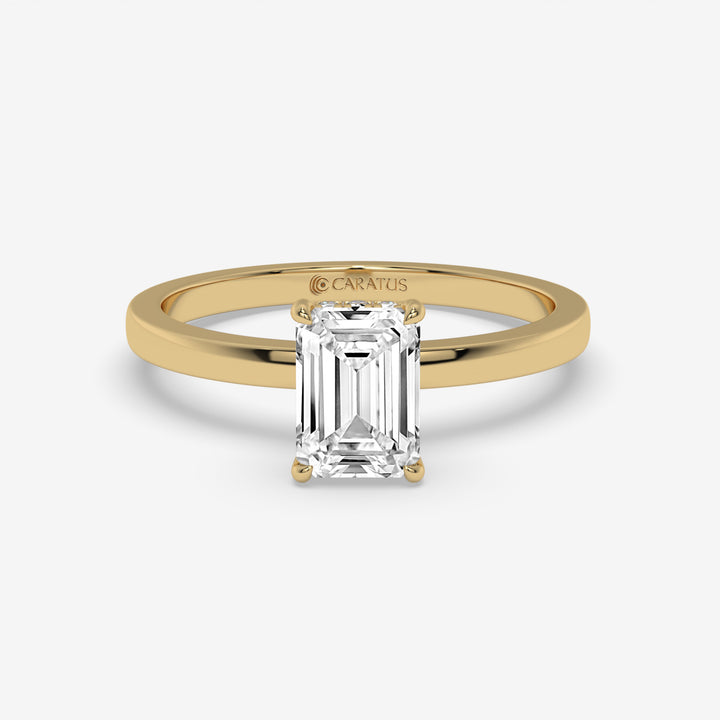 Emerald-Cut Diamond Hidden Halo Yellow Gold Ring with Round Diamonds
