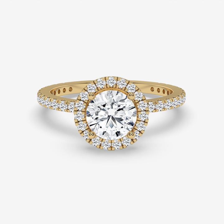 Round Diamond Halo Yellow Gold Ring with Side Diamonds