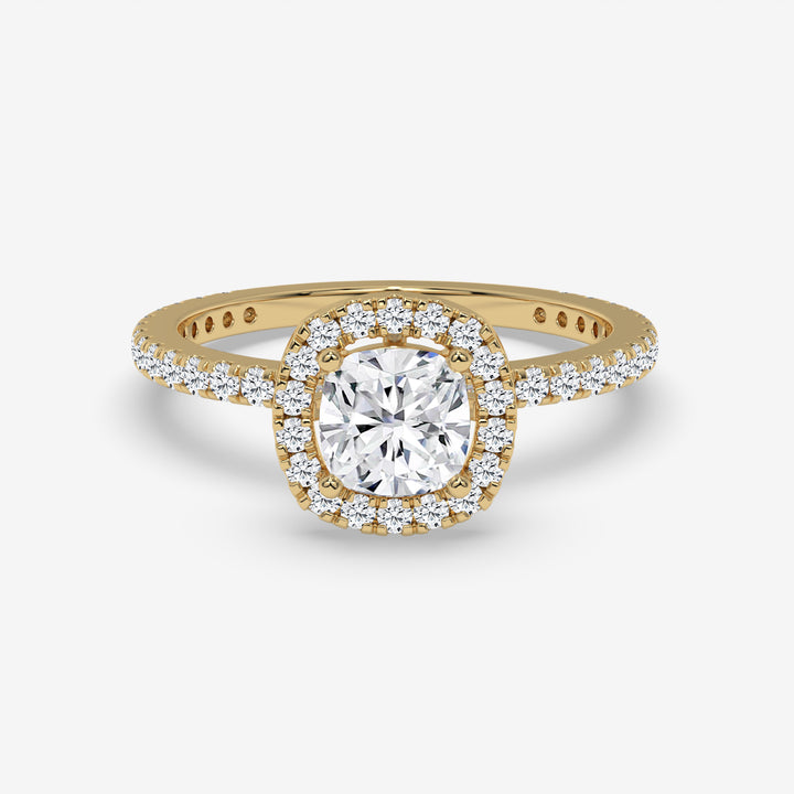 Cushion-Cut Diamond Halo Ring with Round Accent Diamonds in Yellow Gold