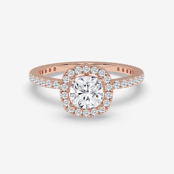 Cushion-Cut Diamond Halo Ring with Round Accent Diamonds in Rose Gold
