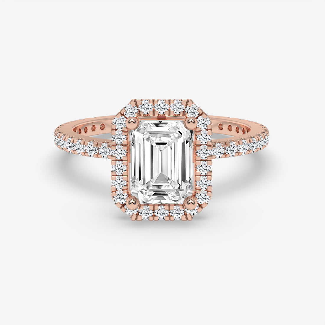 Rose Gold Emerald-Cut Halo Ring with Round Accent Diamonds