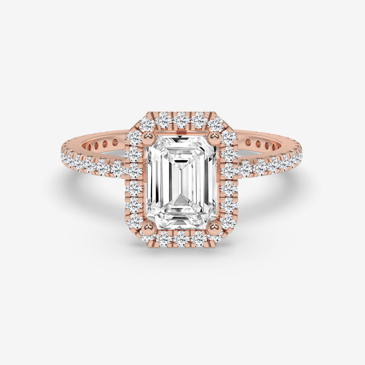 Rose Gold Emerald-Cut Halo Ring with Round Accent Diamonds