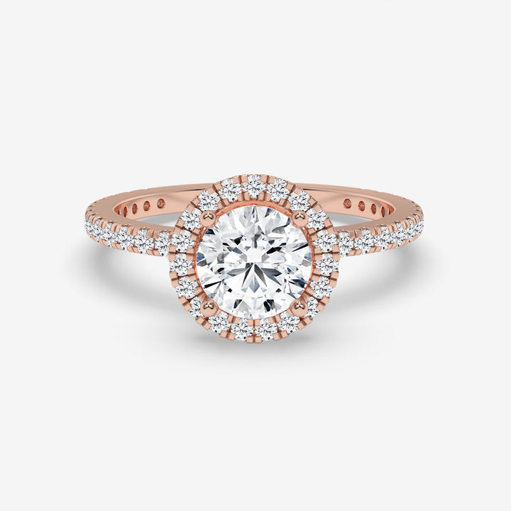 Round Diamond Halo Rose Gold Ring with Side Diamonds