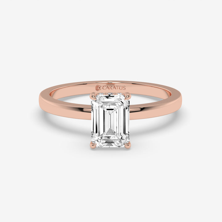 Emerald-Cut Diamond Hidden Halo Rose Gold Ring with Round Diamonds