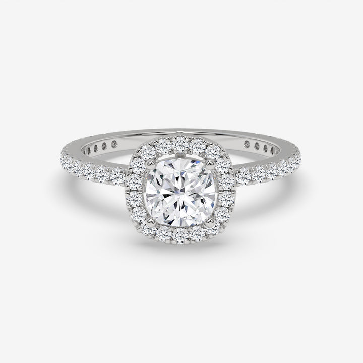 Cushion-Cut Diamond Halo Ring with Round Accent Diamonds in White Gold