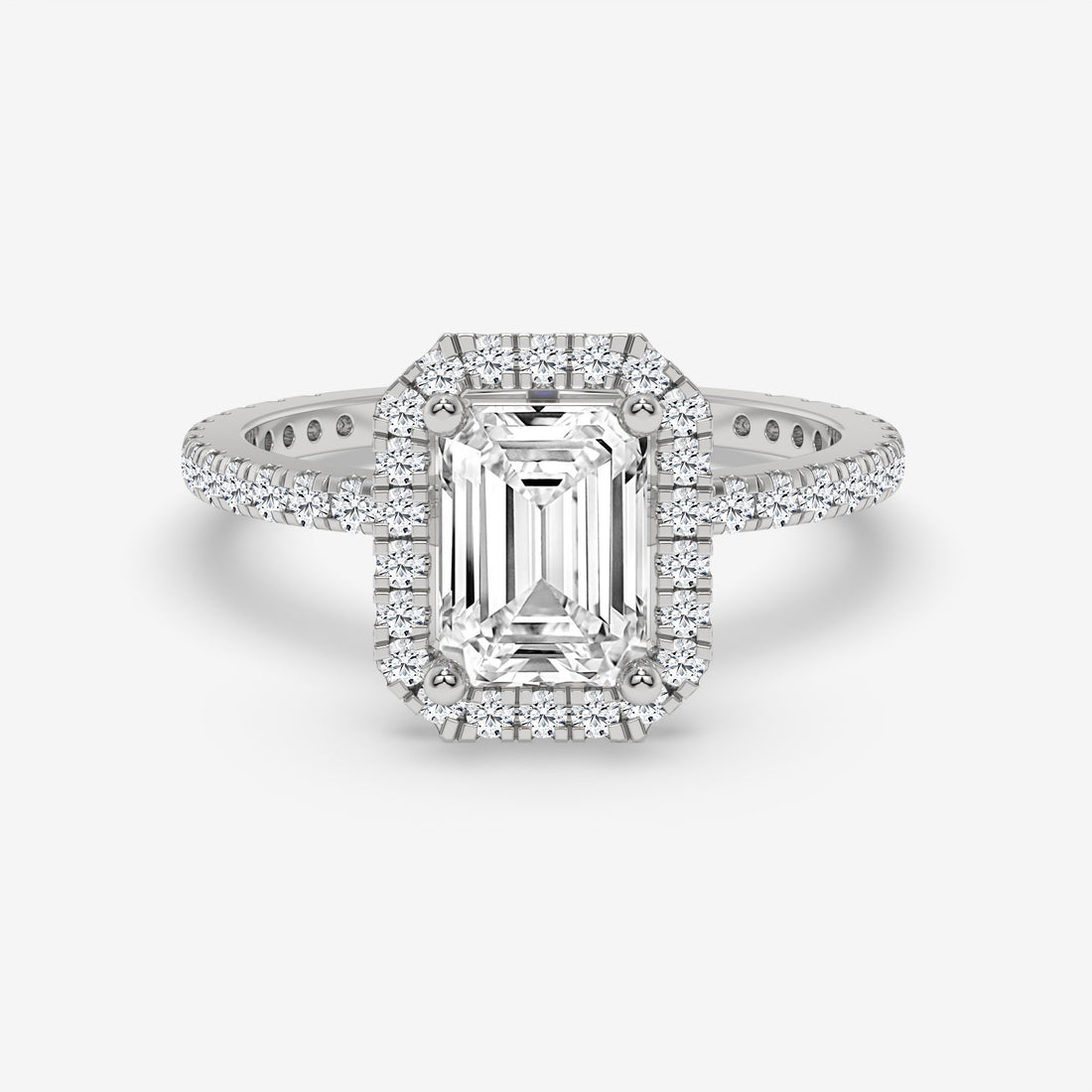 Rose Gold Emerald-Cut Halo Ring with Round Accent Diamonds