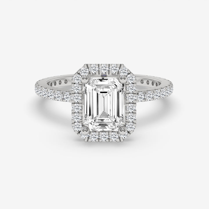 White Gold Emerald-Cut Halo Ring with Round Accent Diamonds