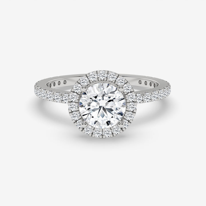 Round Diamond Halo White Gold Ring with Side Diamonds
