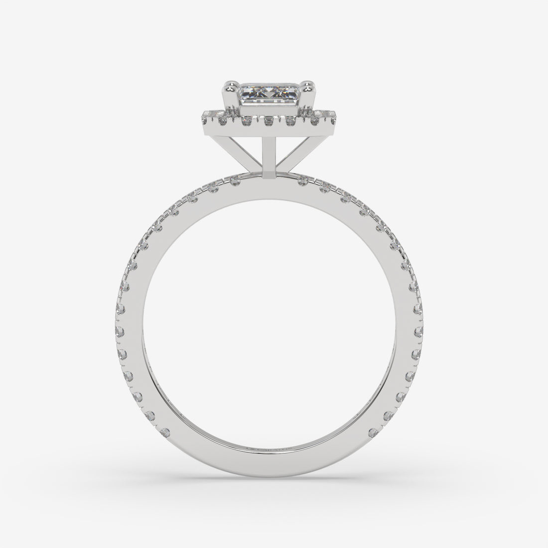 White Gold Emerald-Cut Halo Ring with Round Accent Diamonds