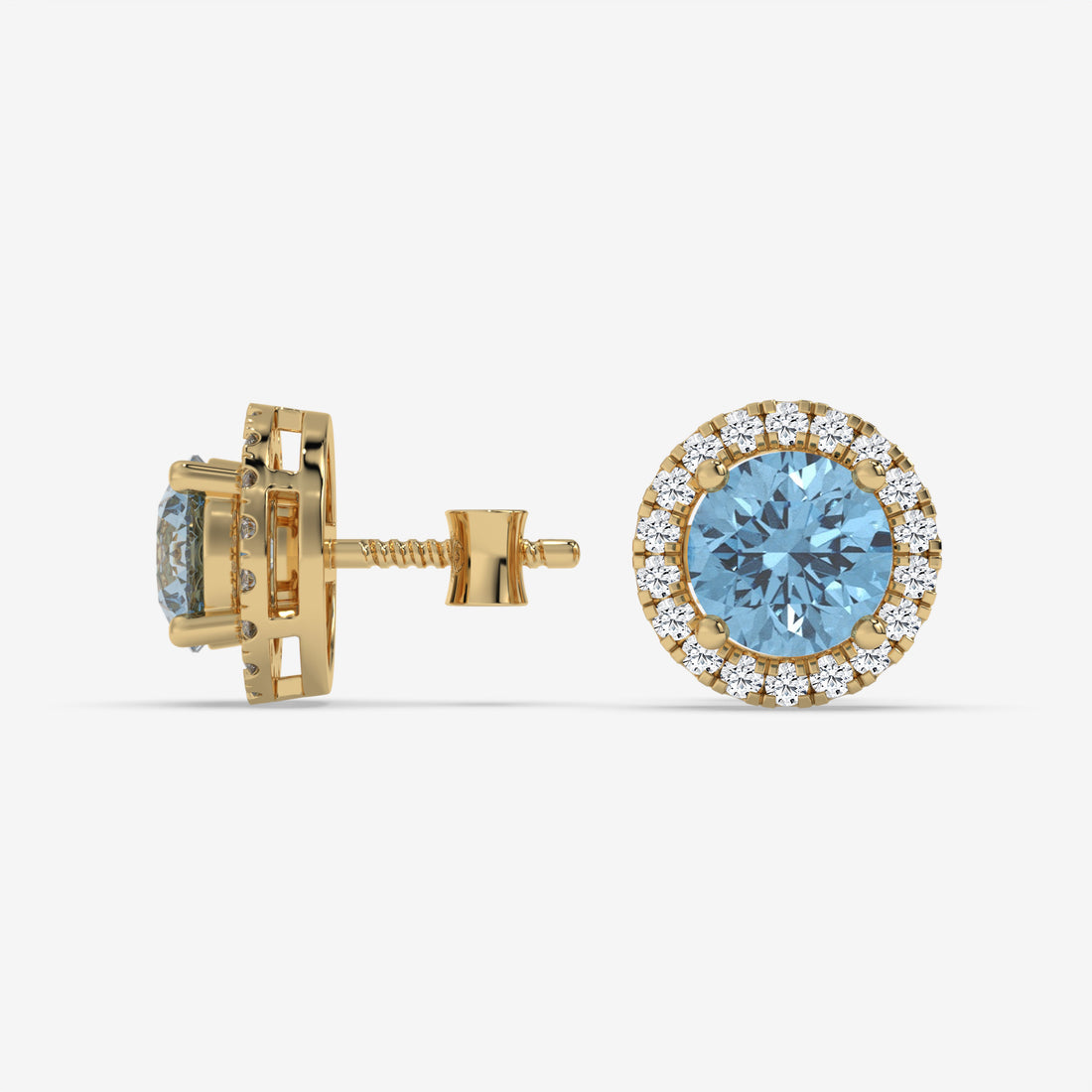 Light Blue Aquamarine & Diamond Halo Yellow Gold Earrings