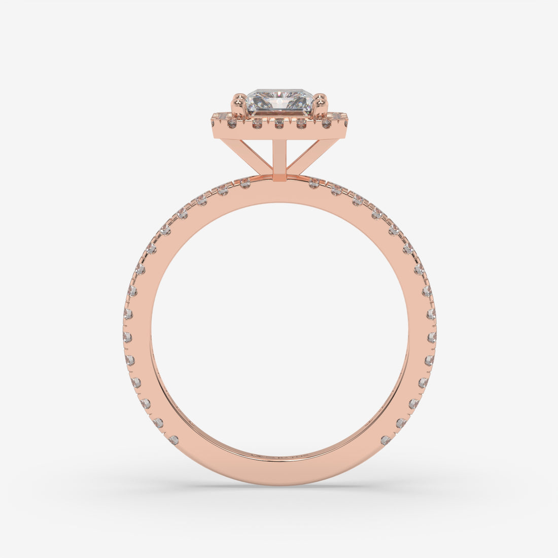 Radiant Diamond Rose Gold Halo Ring with Round Side Diamonds
