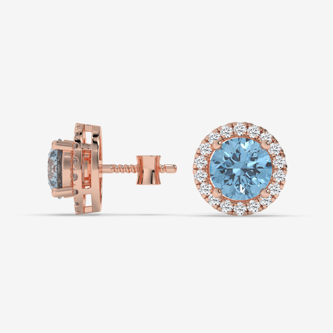 Light Blue Aquamarine & Diamond Halo Rose Gold Earrings
