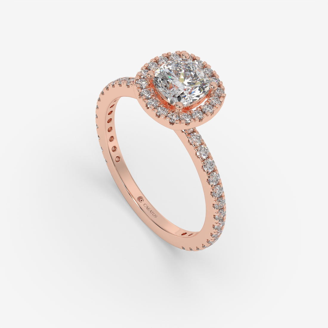 Cushion-Cut Diamond Halo Ring with Round Accent Diamonds in Rose Gold