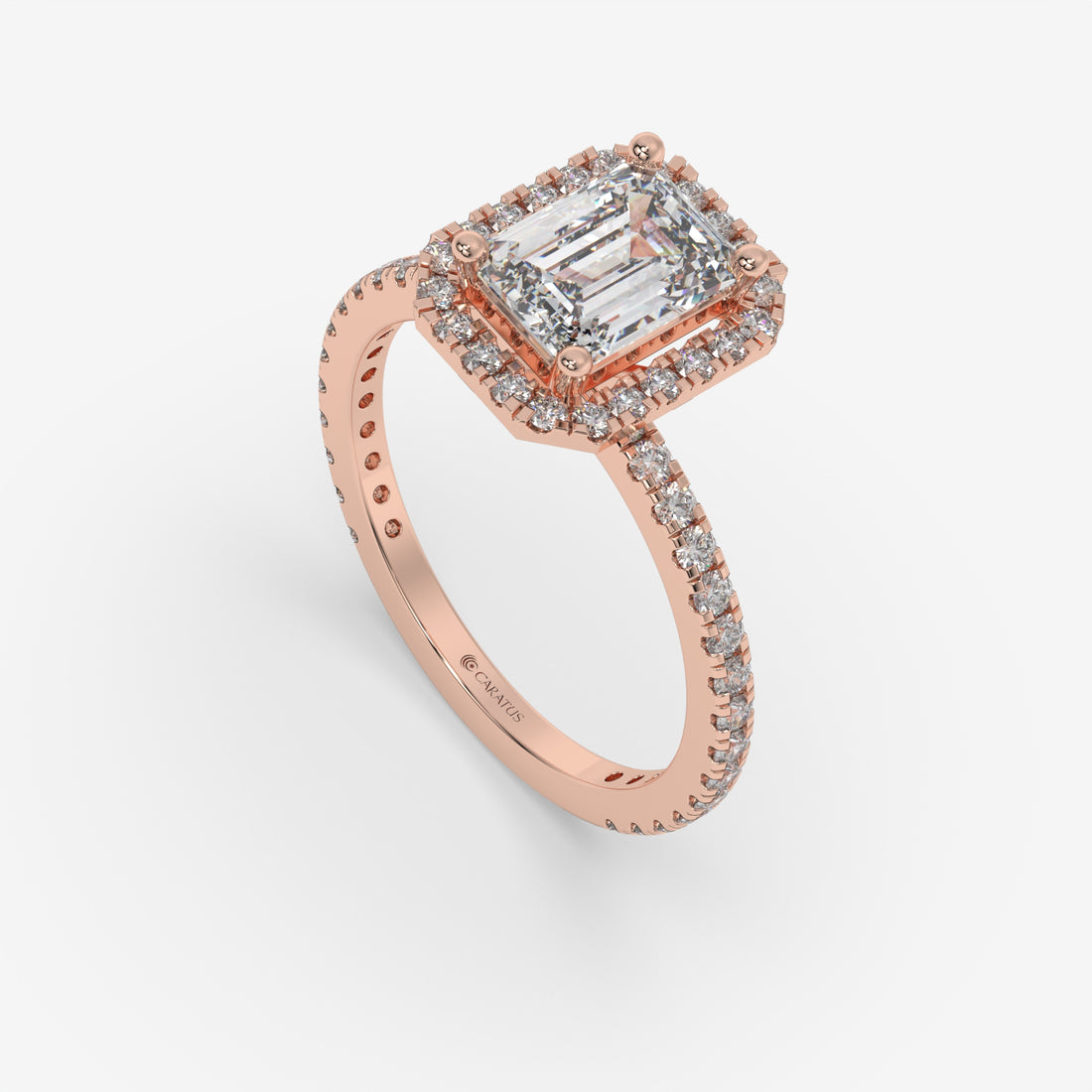 Rose Gold Emerald-Cut Halo Ring with Round Accent Diamonds