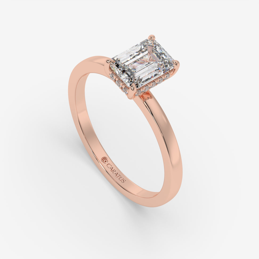 Emerald-Cut Diamond Hidden Halo Rose Gold Ring with Round Diamonds