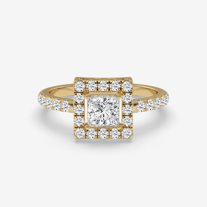 Princess Halo Diamond Yellow Gold Ring with Round Diamonds