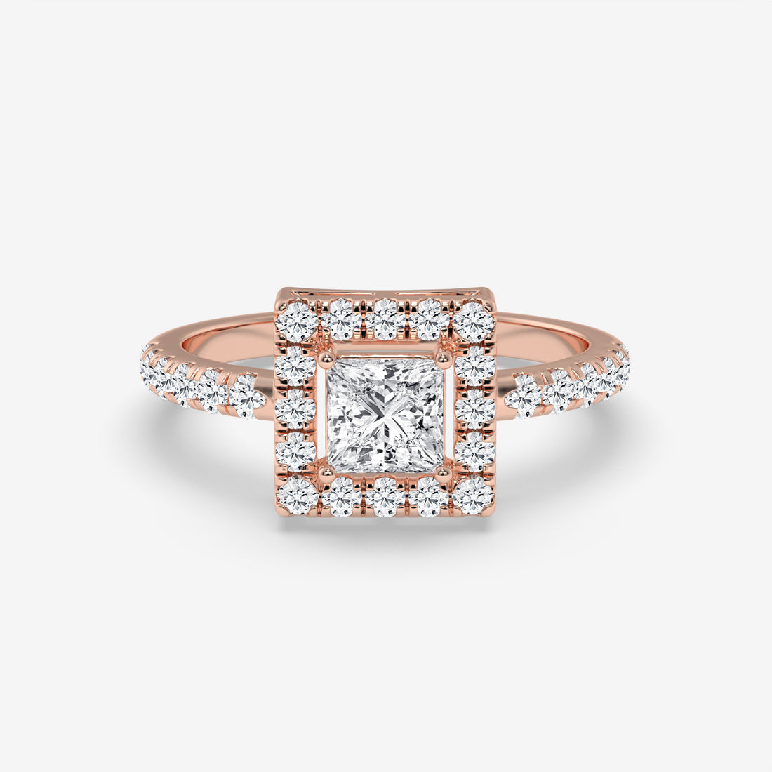 Princess Halo Diamond Yellow Gold Ring with Round Diamonds