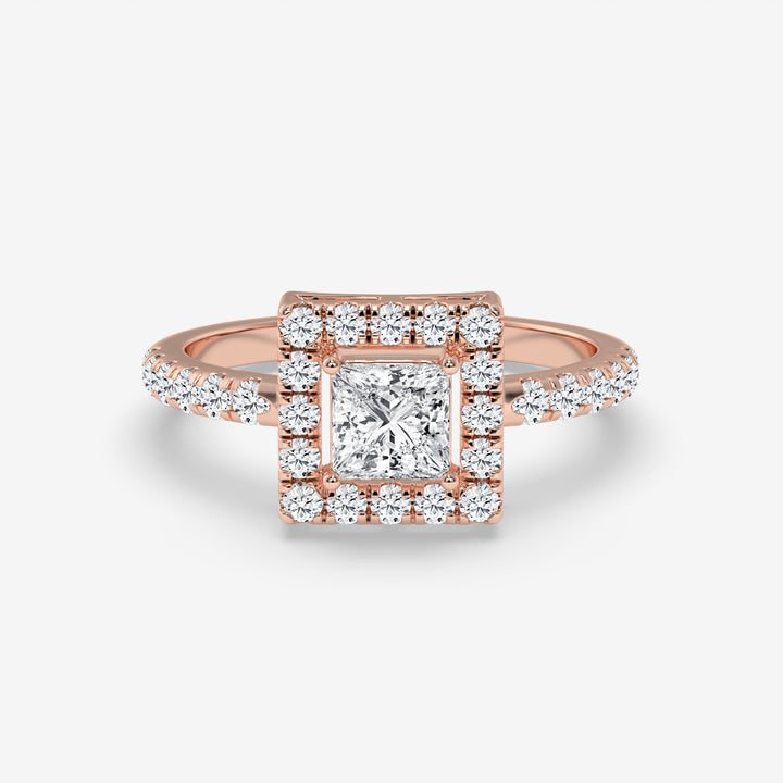 Princess Halo Diamond Rose Gold Ring with Round Diamonds
