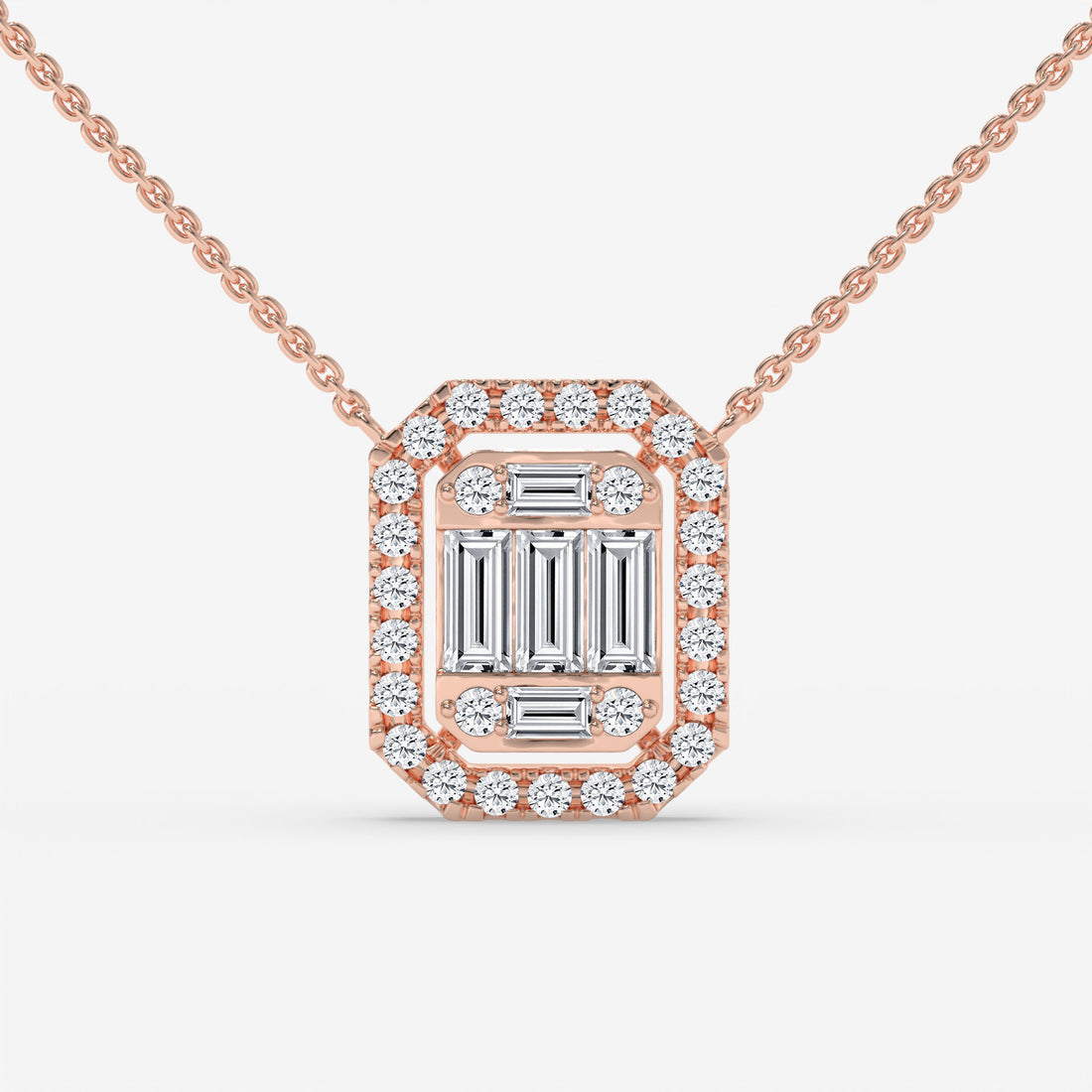 Rose Gold Square-Cut Baguette Diamond Halo Necklace