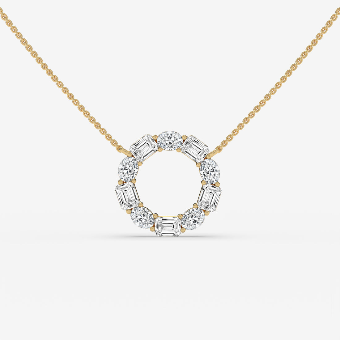 Diamond Circle Yellow Gold Pendant with Oval and Emerald-Cut Diamonds