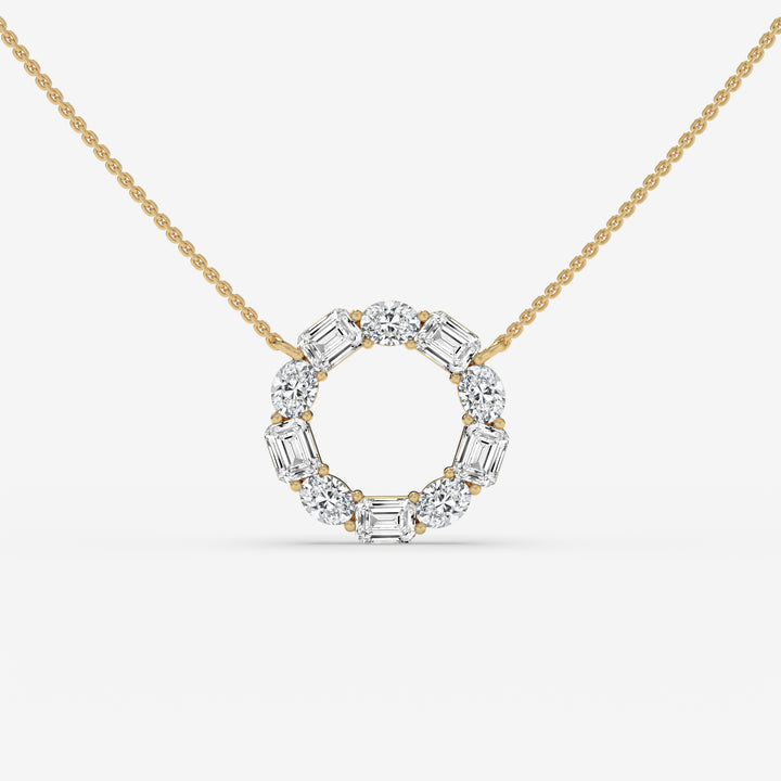 Diamond Circle Yellow Gold Pendant with Oval and Emerald-Cut Diamonds