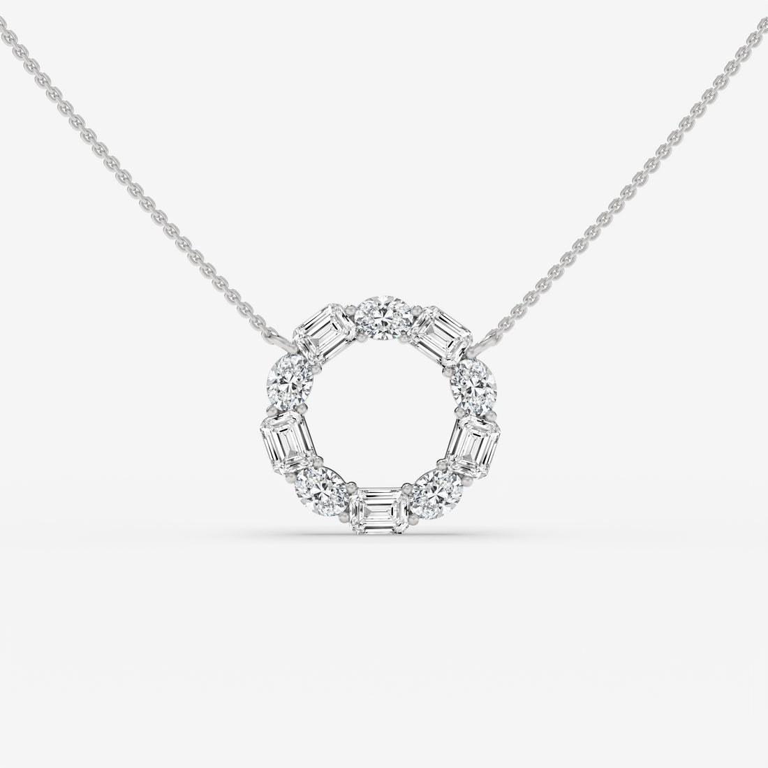 Diamond Circle White Gold Pendant with Oval and Emerald-Cut Diamonds