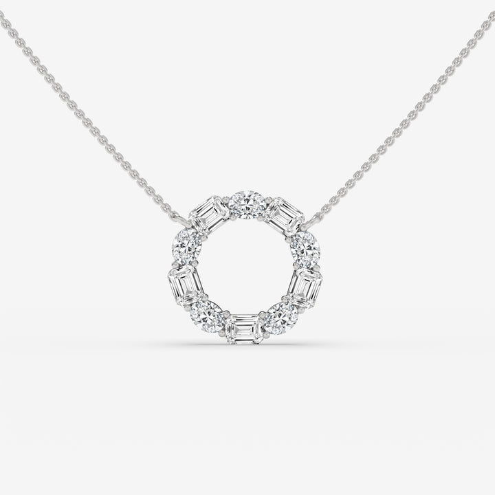 Diamond Circle White Gold Pendant with Oval and Emerald-Cut Diamonds