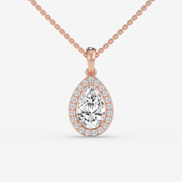Halo Pear Solitaire Rose Gold Pendant with Pave-Set Round Diamonds in 14K Gold