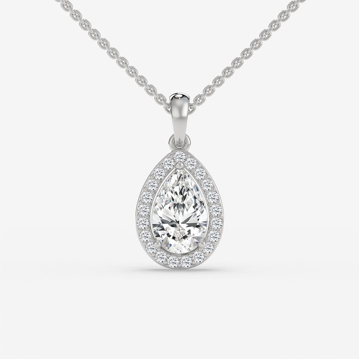 Halo Pear Solitaire White Gold Pendant with Pave-Set Round Diamonds in 14K Gold