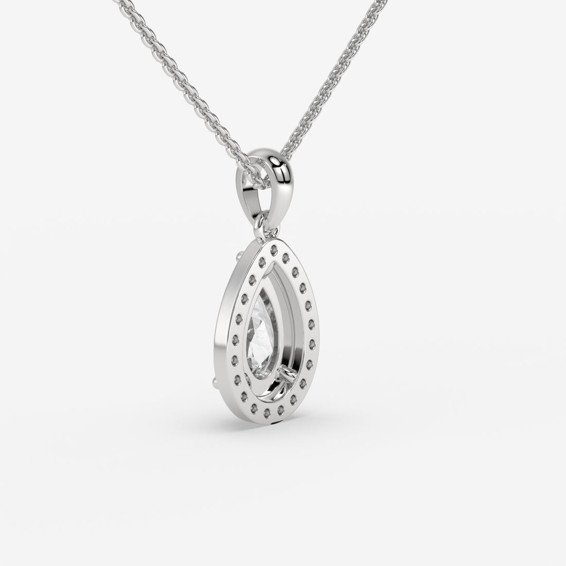 Halo Pear Solitaire White Gold Pendant with Pave-Set Round Diamonds in 14K Gold