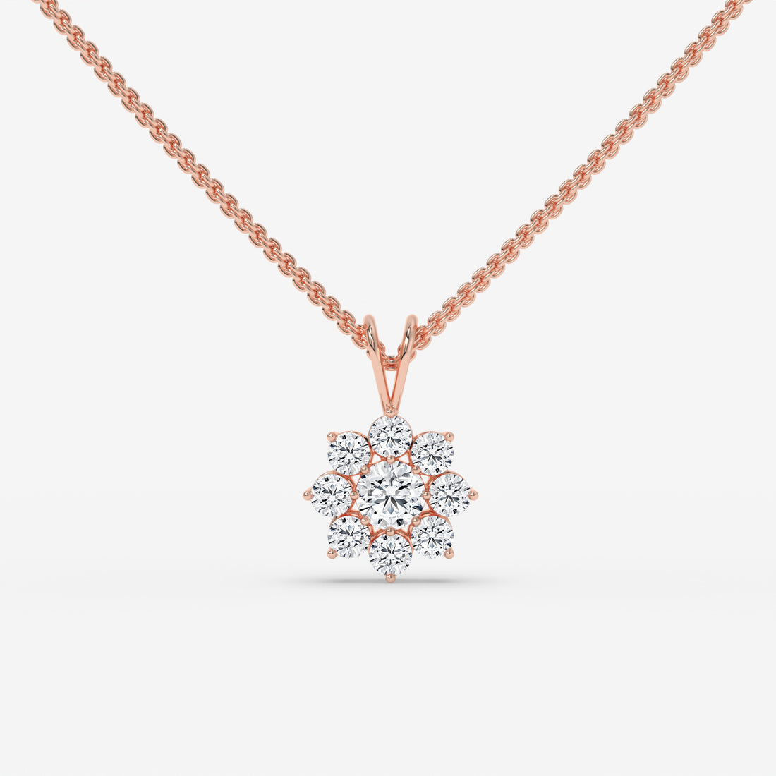 Round Diamond Flower Pendant Rose Gold Necklace