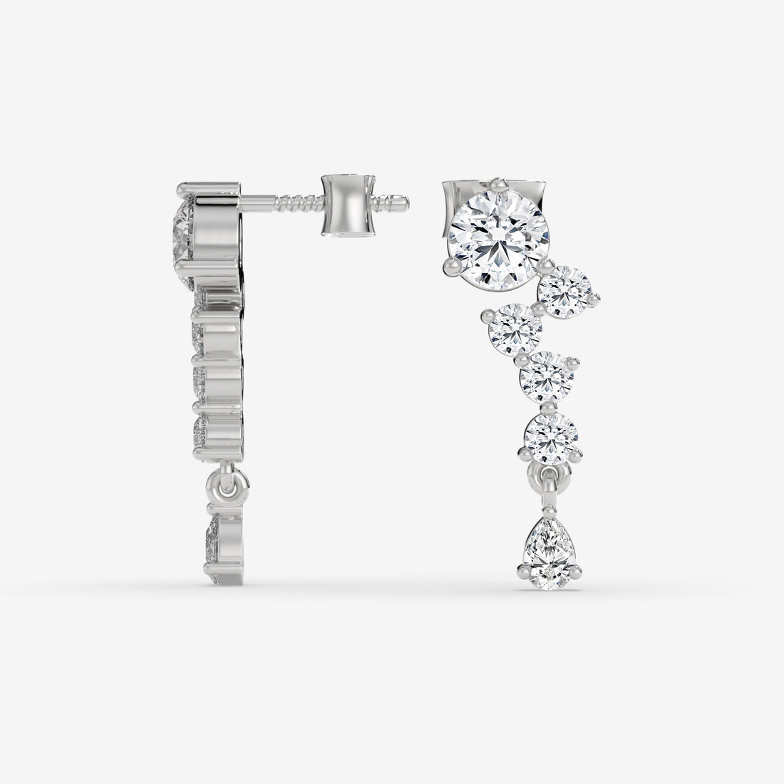 Climbing Diamond White Gold Stud Earrings with Round and Pear-Cut Accents