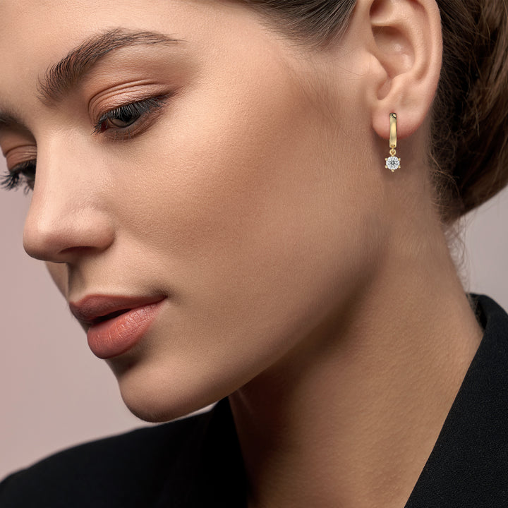 14K Round-Cut Diamond Drop Hoop Earrings in Yellow Gold